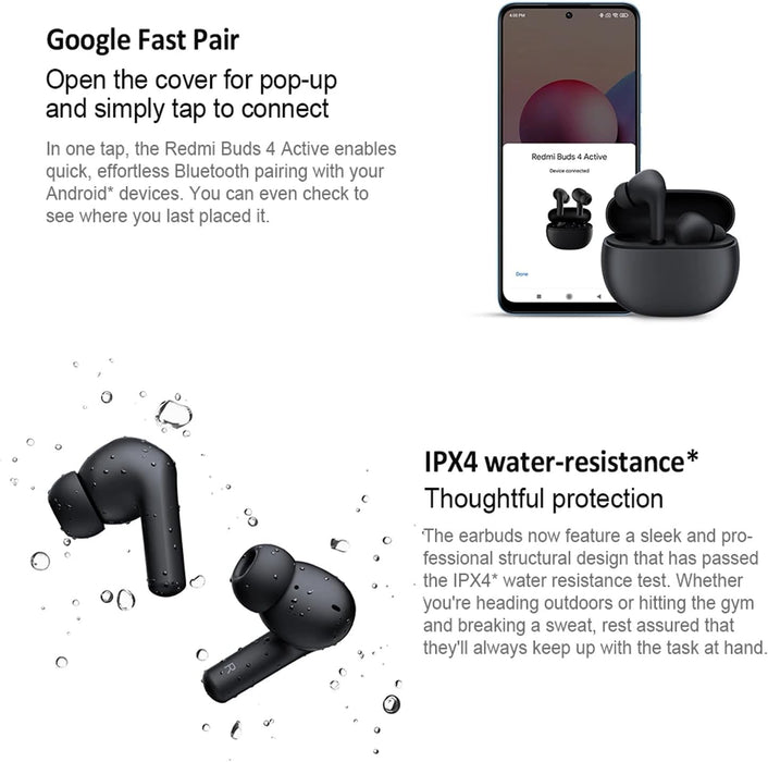 Redmi Buds 4 Active Wireless Earbuds With Bluetooth 5.3 Fast Pair Connectivity, ANC Noise Cancellation,Long Battery Life 28H & Water-Resistant - Black