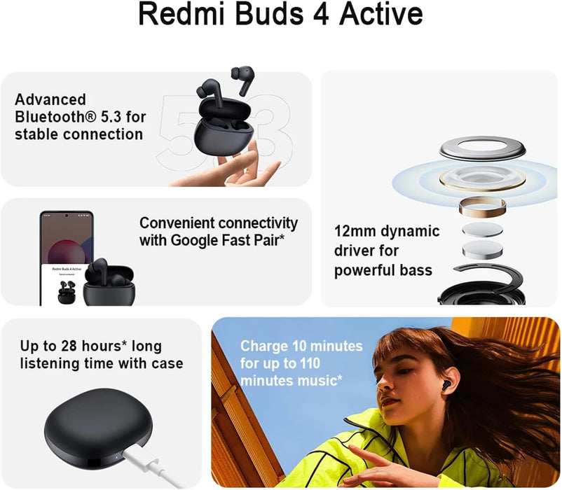 سماعات أذن Redmi Buds 4 Active اللاسلكية مع اتصال Bluetooth 5.3 سريع الزوج وإلغاء الضوضاء ANC وعمر بطارية طويل 28 ساعة ومقاومة للماء - أسود