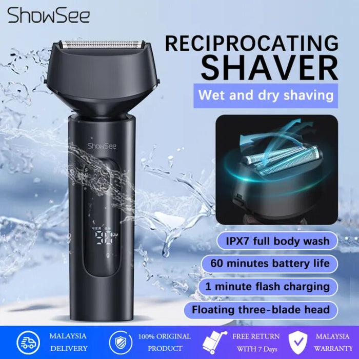 SHOWSEE Duplex Shaver F602 Wet & Dry Electric Shaver, IPX7 Waterproof, 3 Blade Head,Dual Rotary Shaving System, Built In Trimmer & Long Battery - Grey