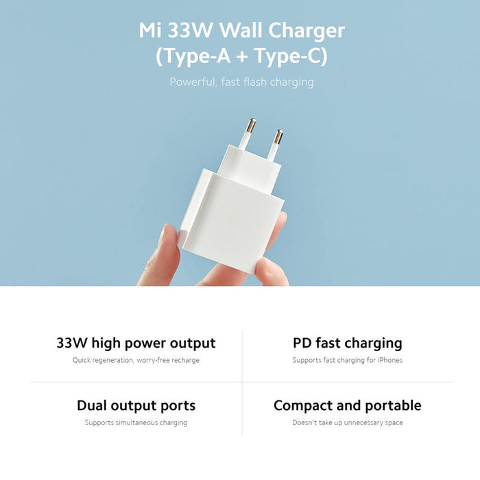 Chargeur mural Xiaomi Mi 33W avec double port USB Type-A + adaptateur de charge rapide de sortie USB Type-C - Blanc