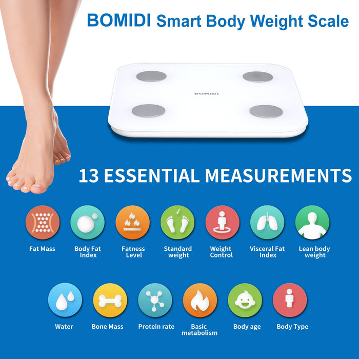 Affichage LED de la balance de poids numérique intelligente Bomidi S1 ​​avec mise à l'échelle du poids corporel Bluetooth Smart App - Blanc