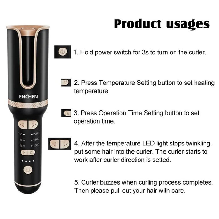 Enchen E4 Portable Cordless Curling Iron Wireless Hair Curler 35W - Black