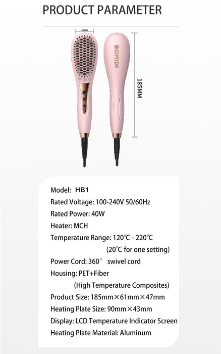 Bomidi HB1 Brosse à lisser électrique Peigne à cheveux multifonctionnel Bigoudi à chaleur rapide Température réglable 40W - Rose