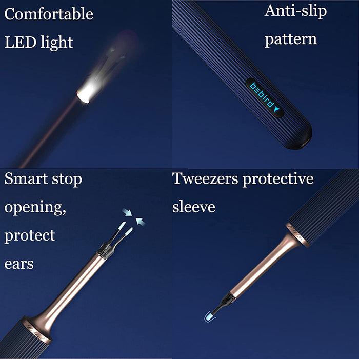 Bebird Note 3 Pro Bâton d'oreille intelligent sans fil avec tige 2 en 1 et pince à épiler 12 cuillères Outil d'élimination du cérumen - Blanc