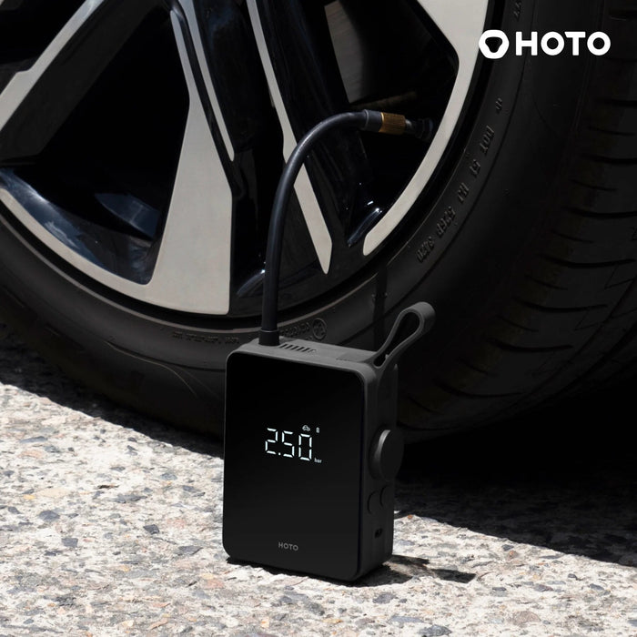 Hoto Gonfleur de pneu électrique portable Compresseur d'air numérique Batterie d'une capacité de 2500 mAh 5 modes prédéfinis Pompe à air automatique Lumière LED intégrée Fonction d'arrêt automatique USB-C - Noir