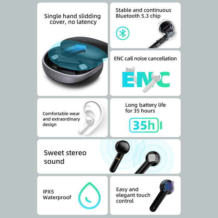 Mibro S1 véritables écouteurs sans fil HiFi stéréo suppression du bruit pour des appels clairs commande tactile écouteurs conception coulissante boîte de chargement | Bluetooth 5.3 - Noir
