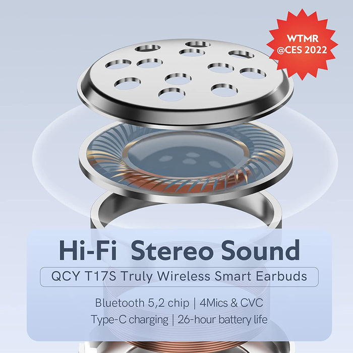 Écouteurs intra-auriculaires sans fil QCY T17S avec suppression du bruit à quatre microphones iOS/Android - Gris clair