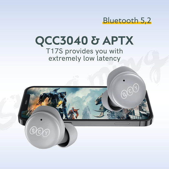 Écouteurs intra-auriculaires sans fil QCY T17S avec suppression du bruit à quatre microphones iOS/Android - Gris clair