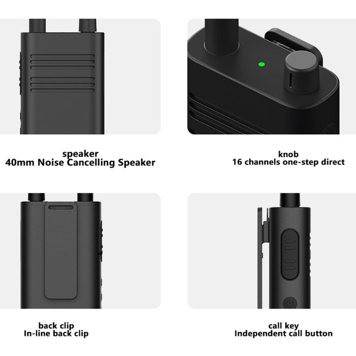 Xiaomi Talkie-walkie portable Lite Interphone longue portée de 5 km Support radio bidirectionnel 16 canaux Haut-parleur de grand diamètre 40 mm Radio longue durée de vie de la batterie - Noir