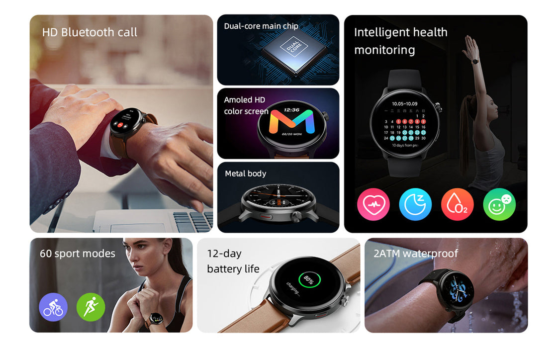 Montre intelligente Mibro Watch Lite 2 Écran AMOLED de 1,3 pouces Corps en métal Appel Bluetooth Surveillance intelligente de la santé 60 modes sportifs Autonomie de la batterie de 12 jours Montre intelligente étanche 2ATM - Noir