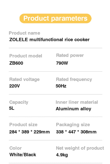 زوليلي ZB600 جهاز طهي الأرز الذكي 5 لتر - أسود