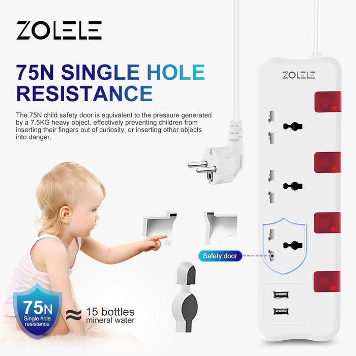 Zolele ZK101 3M Power Extension EU Plug avec 3 prises et 2 chargement USB 2400W 5V DC 2.4A - Blanc