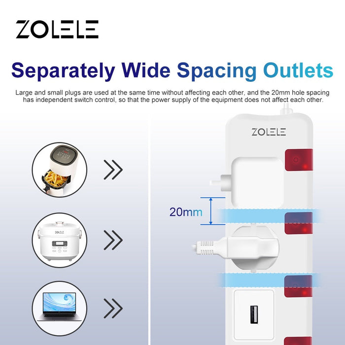 Zolele ZK101 3M Power Extension EU Plug 3 Socket & 2 USB 2400W - White