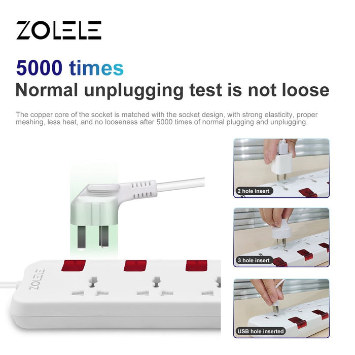 Zolele ZK101 3M 电源扩展欧盟插头，带 3 个插座和 2 个 USB 充电 2400W 5V DC 2.4A - 白色