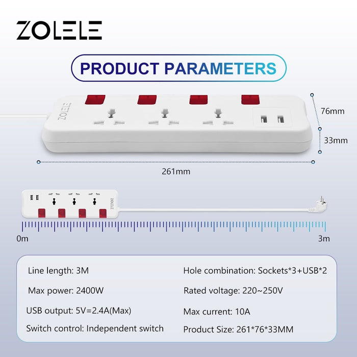 Zolele ZK101 3M Power Extension EU Plug 3 Socket & 2 USB 2400W - White