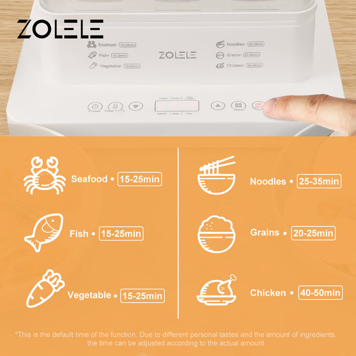 Zolele ZM100 电蒸锅 触摸控温 24L 三层大容量 800W 蒸汽功率-白色